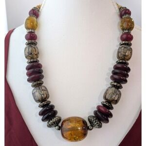 Vintage Chunky Bold Ethnic Beaded Lucite And Wood Necklace 22" Hook Clasp LT135